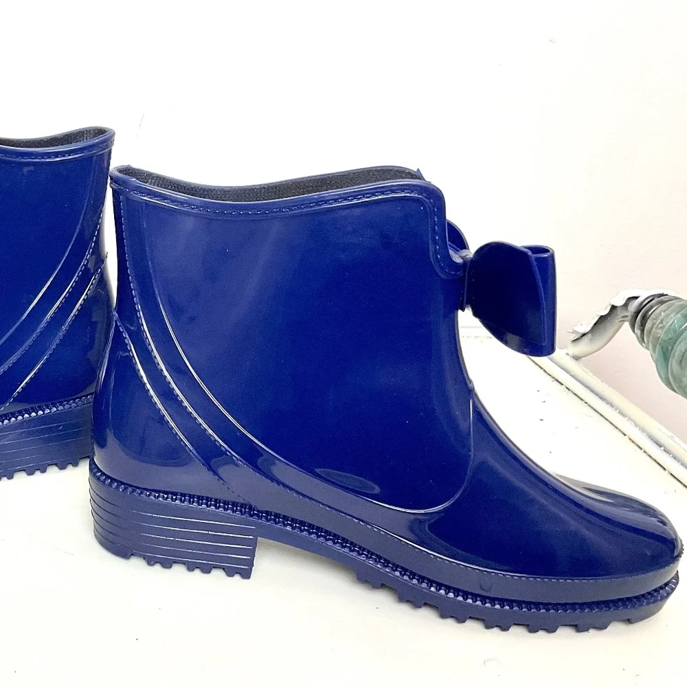 NRUDPQV Blue Waterproof Bow Rubber Rain Winter Snow Ankle Boots  size 6.5 - Picture 2 of 16